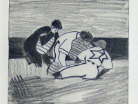 Photo of Curtis Wright's etching "Play at Home." Artwork depicts an umpire crouched by a sliding player and a catcher converging at home base.