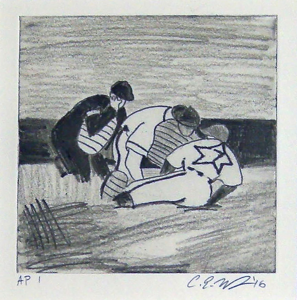 Photo of Curtis Wright's etching "Play at Home." Artwork depicts an umpire crouched by a sliding player and a catcher converging at home base.