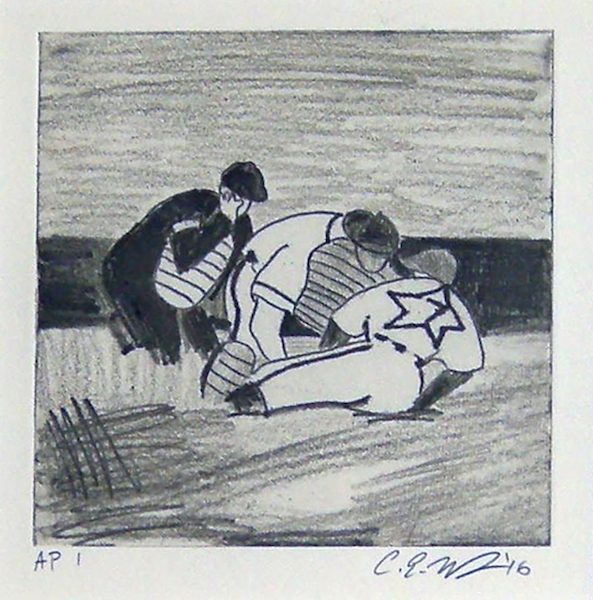 Photo of Curtis Wright's etching "Play at Home." Artwork depicts an umpire crouched by a sliding player and a catcher converging at home base.