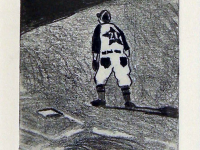 Photo of Curtis Wight's etching "Twink's First Sacker." Artwork depicts a baseball player standing to the side of a base.