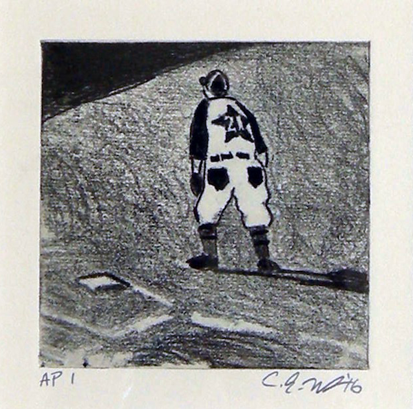 Photo of Curtis Wight's etching "Twink's First Sacker." Artwork depicts a baseball player standing to the side of a base.