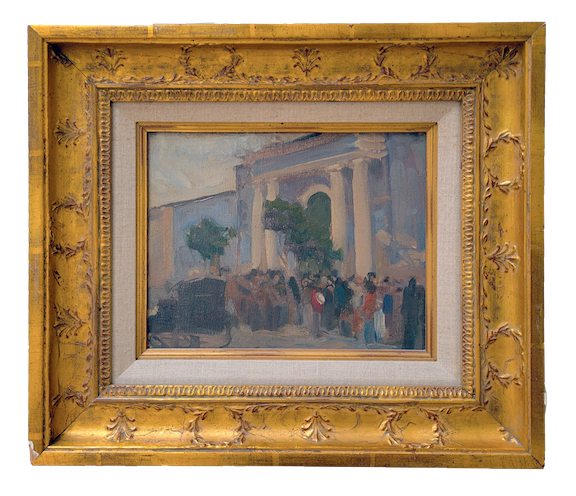 Maynard Dixon oil painting depicting a blue sky and a crowd exiting a grand building with columns.